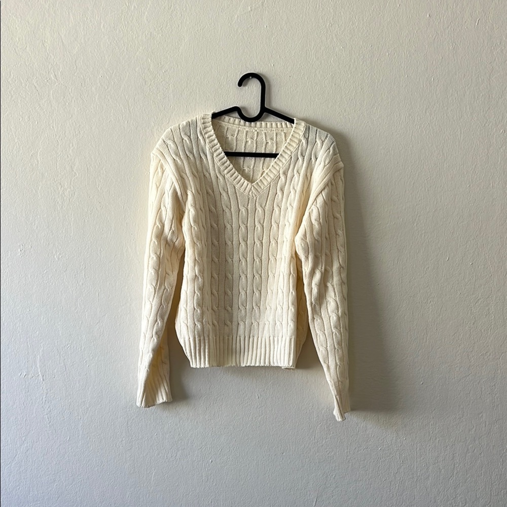 V-Neck Cable Knit Sweater - Cream